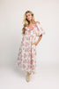 a pink floral puff sleeve dress with a ruffle neckline. the perfect vintage-inspired dress for baby showers, family pictures, + special occasions.
