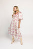 a pink floral puff sleeve dress with a ruffle neckline. the perfect vintage-inspired dress for baby showers, family pictures, + special occasions.
