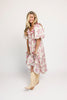 a pink floral puff sleeve dress with a ruffle neckline. the perfect vintage-inspired dress for baby showers, family pictures, + special occasions.
