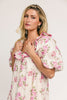 a pink floral puff sleeve dress with a ruffle neckline. the perfect vintage-inspired dress for baby showers, family pictures, + special occasions.
