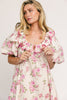 a pink floral puff sleeve dress with a ruffle neckline. the perfect vintage-inspired dress for baby showers, family pictures, + special occasions.

