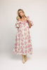 a pink floral puff sleeve dress with a ruffle neckline. the perfect vintage-inspired dress for baby showers, family pictures, + special occasions.
