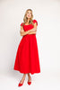 zoco afterglow dress: red short sleeve midi dress with a square neckline and side ties. perfect for date nights, weddings, and family pictures.
