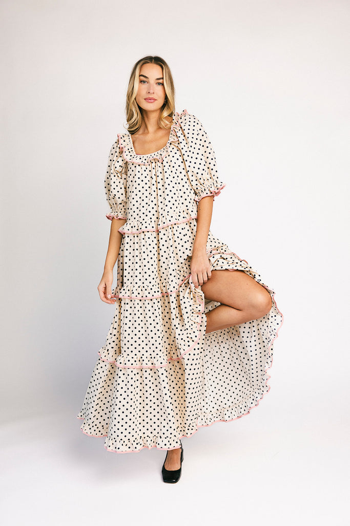 zoco daymaker dress: puff sleeve polka dot dress with an elastic neckline and pink trim details. perfect for weddings, baby showers, and family pictures.