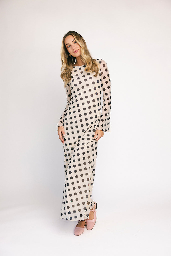 long sleeve polka dot maxi dress. perfect for date nights, cocktail parties, + fancy dinners.