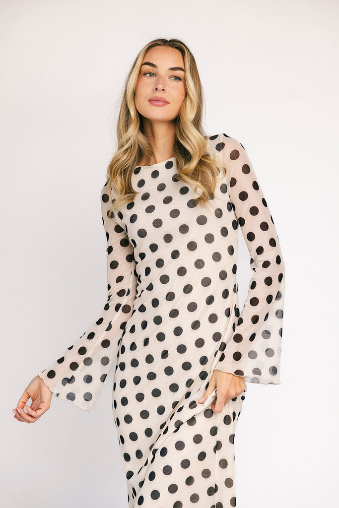 long sleeve polka dot maxi dress. perfect for date nights, cocktail parties, + fancy dinners.