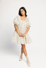 zoco daymaker dress: a short puff sleeve dress with a grid-style pattern + an elastic neckline. perfect for family pictures, weddings, and baby showers.
