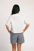 a vintage-inspired short sleeve white top with a relaxed fit + lace trim collar. the perfect elevated basic to dress up or down for any spring + summer outfit idea.