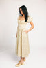 vintage-inspired puff sleeve dress with a muted yellow floral pattern. the perfect puff sleeve midi dress for weddings, bridal showers, + semi-formal events.