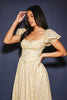 vintage-inspired puff sleeve dress with a muted yellow floral pattern. the perfect puff sleeve midi dress for weddings, bridal showers, + semi-formal events.