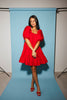 zoco daymaker dress: a short puff sleeve dress with an elastic neckline. the perfect red cotton dress for family pictures, weddings, and baby showers.
