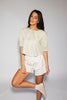 a vintage-inspired puff sleeve top with a pastel green pinstripe pattern + an oversized lace trim collar. the perfect elevated button up top for the office, dressy date nights, + everyday wear.
