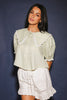 a vintage-inspired puff sleeve top with a pastel green pinstripe pattern + an oversized lace trim collar. the perfect elevated button up top for the office, dressy date nights, + everyday wear.
