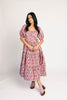 zoco daymaker dress: puff sleeve pink floral maxi dress with an elastic neckline. perfect for weddings, baby showers, + family pictures.