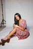 zoco daymaker dress: puff sleeve pink floral maxi dress with an elastic neckline. perfect for weddings, baby showers, + family pictures.