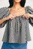 black and white gingham puff sleeve top with an elastic neckline + bow detail. the perfect elevated basic top for date nights + casual outfits. 