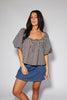 black and white gingham puff sleeve top with an elastic neckline + bow detail. the perfect elevated basic top for date nights + casual outfits. 