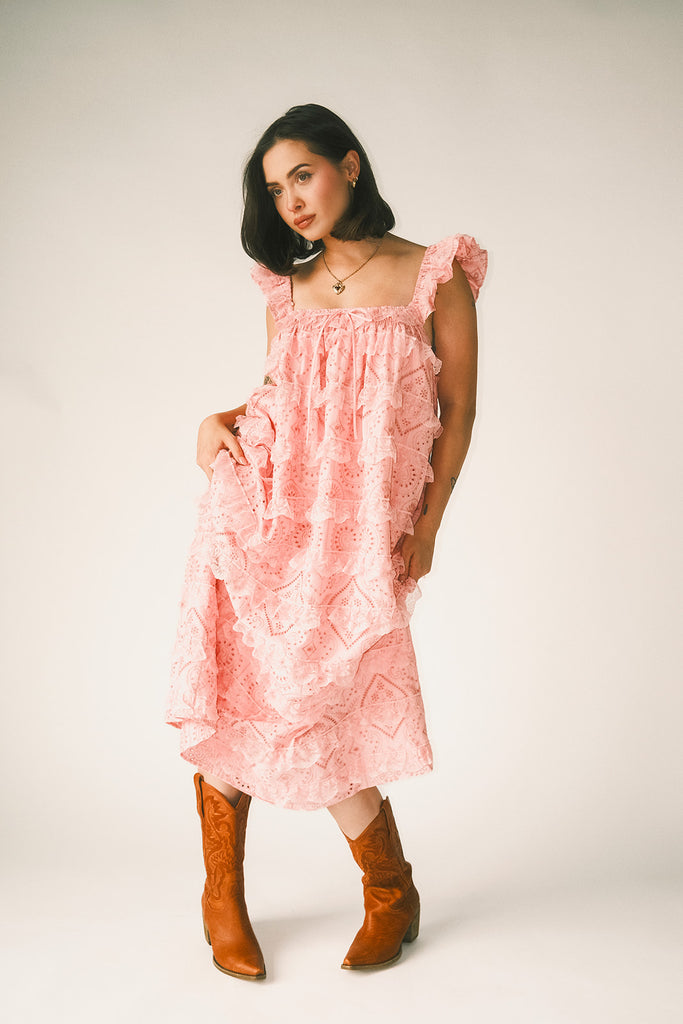 vintage inspired pink lace maxi dress with an elastic neckline and tiered ruffle details. perfect for weddings, bridal showers, and baby showers. 
