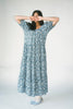 puff sleeve blue floral maxi dress with an elastic neckline. perfect for weddings, baby showers, and family pictures.