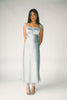 a light blue silk midi dress with lace detailing + a fitted silhouette. the perfect short sleeve occasion dress for weddings, bridal showers, + dinner parties.
