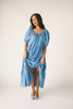 zoco daymaker dress: puff sleeve blue maxi dress with an elastic neckline. perfect for weddings, baby showers, and family pictures.

