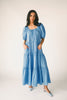 zoco daymaker dress: puff sleeve blue maxi dress with an elastic neckline. perfect for weddings, baby showers, and family pictures.
