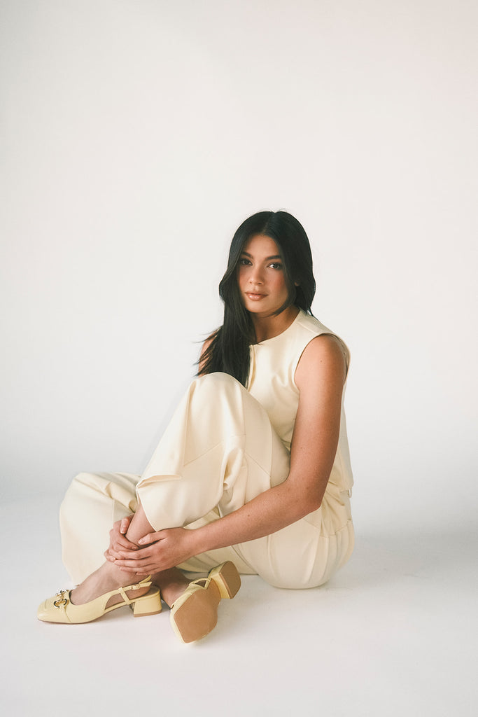 butter yellow pant set with a cropped button up tank + high waisted trousers. the perfect elevated set for the office + everyday wear. 
