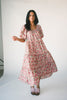 zoco daymaker dress: puff sleeve pink floral maxi dress with an elastic neckline. perfect for weddings, baby showers, + family pictures.