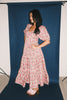 zoco daymaker dress: puff sleeve pink floral maxi dress with an elastic neckline. perfect for weddings, baby showers, + family pictures.