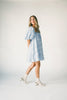 a blue puff sleeve mini dress with lace tiered details + a stretchy square neckline. perfect for family pictures, baby showers, weddings, + special occasions. 
