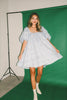 a blue puff sleeve mini dress with lace tiered details + a stretchy square neckline. perfect for family pictures, baby showers, weddings, + special occasions. 
