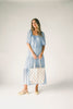 zoco daymaker dress: puff sleeve polka dot dress with an elastic neckline. the perfect blue and yellow polka dot dress for weddings, baby showers, + family pictures.
