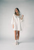 a white satin mini dress with a vintage-inspired silhouette + long balloon sleeves. the perfect little white dress for graduations, bridal showers, + fancy dinner dates.
