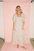 zoco daymaker dress: puff sleeve polka dot dress with an elastic neckline and pink trim details. perfect for weddings, baby showers, and family pictures.
