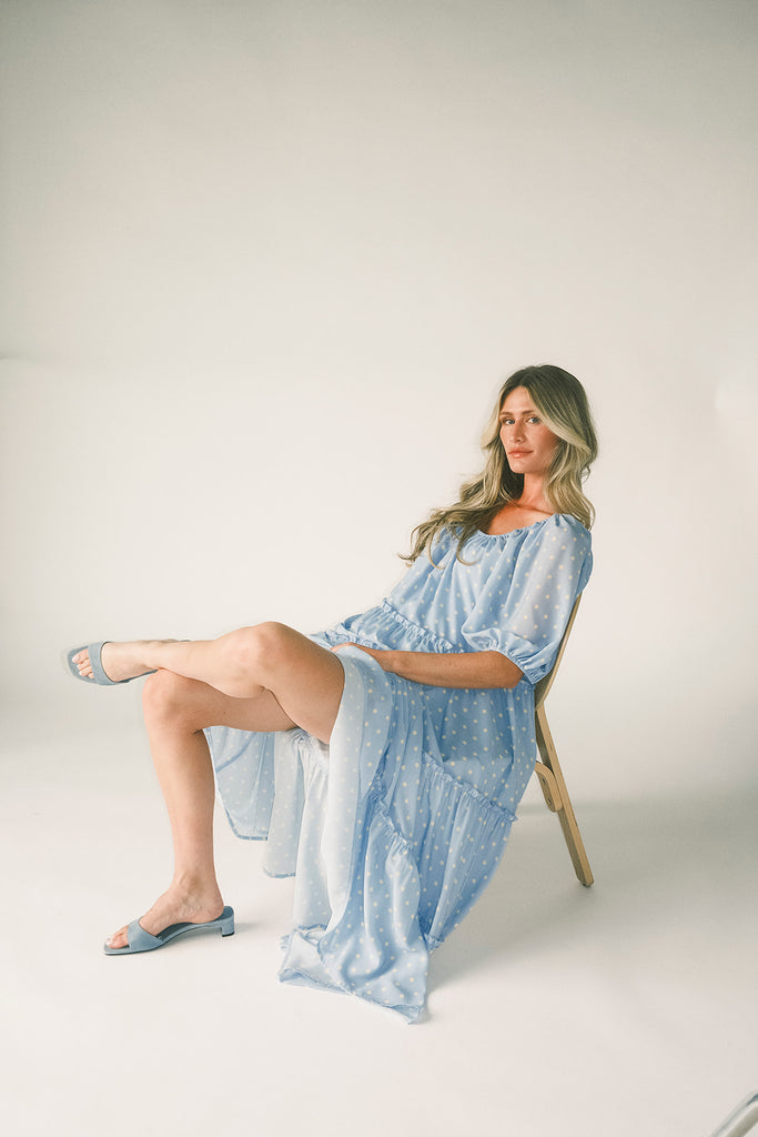 zoco daymaker dress: puff sleeve polka dot dress with an elastic neckline. the perfect blue and yellow polka dot dress for weddings, baby showers, + family pictures.
