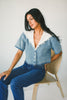 a short sleeve denim top with an oversized lace collar + a cropped silhouette. the perfect button up denim top to dress up or down for any outfit idea.
