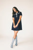 a short sleeve knit mini dress with a ruffled collar + bow detail. the perfect navy knit dress for date nights, family pictures, + everyday wear.
