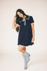 a short sleeve knit mini dress with a ruffled collar + bow detail. the perfect navy knit dress for date nights, family pictures, + everyday wear.
