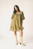 a green floral puff sleeve mini dress with a ruffle neckline. the perfect vintage-inspired dress for baby showers, family pictures, + special occasions. 

