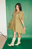 a green floral puff sleeve mini dress with a ruffle neckline. the perfect vintage-inspired dress for baby showers, family pictures, + special occasions. 
