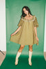 a green floral puff sleeve mini dress with a ruffle neckline. the perfect vintage-inspired dress for baby showers, family pictures, + special occasions. 
