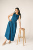 a vintage-inspired denim dress with a boat neckline + a v-shaped waistline. the perfect denim midi dress for family pictures, brunch dates, + special occasions. 
