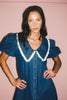a puff sleeve denim dress with a lace trimmed collar detail. the perfect denim mini dress for date nights, family pictures, + everyday wear.
