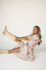 a pink floral puff sleeve dress with a ruffle neckline. the perfect vintage-inspired dress for baby showers, family pictures, + special occasions.
