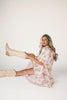 a pink floral puff sleeve dress with a ruffle neckline. the perfect vintage-inspired dress for baby showers, family pictures, + special occasions.
