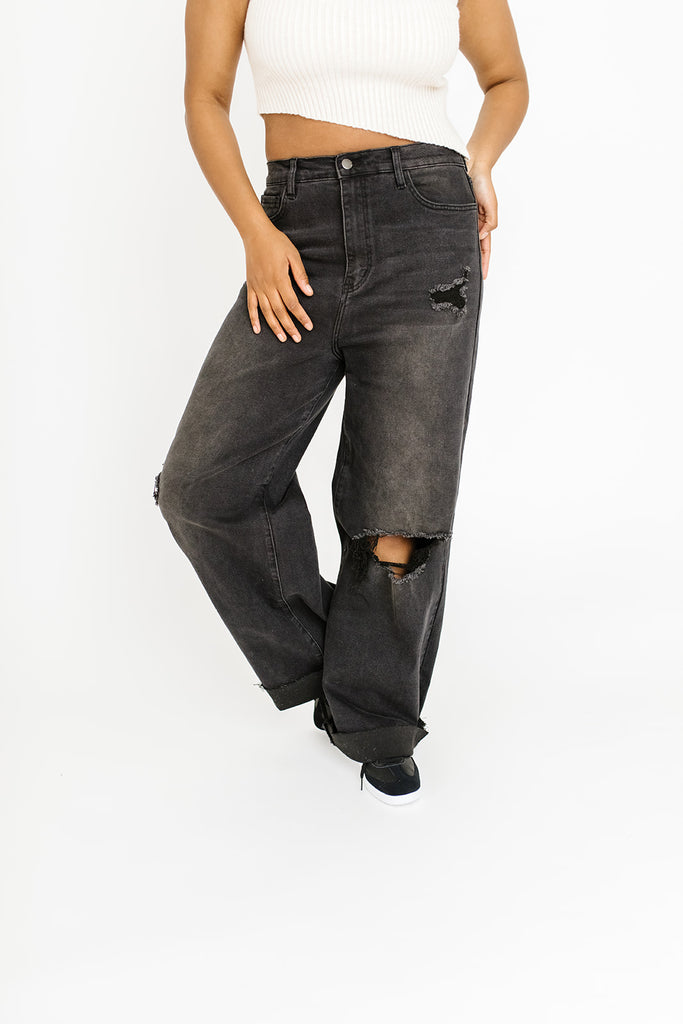 hey there distressed wide leg denim