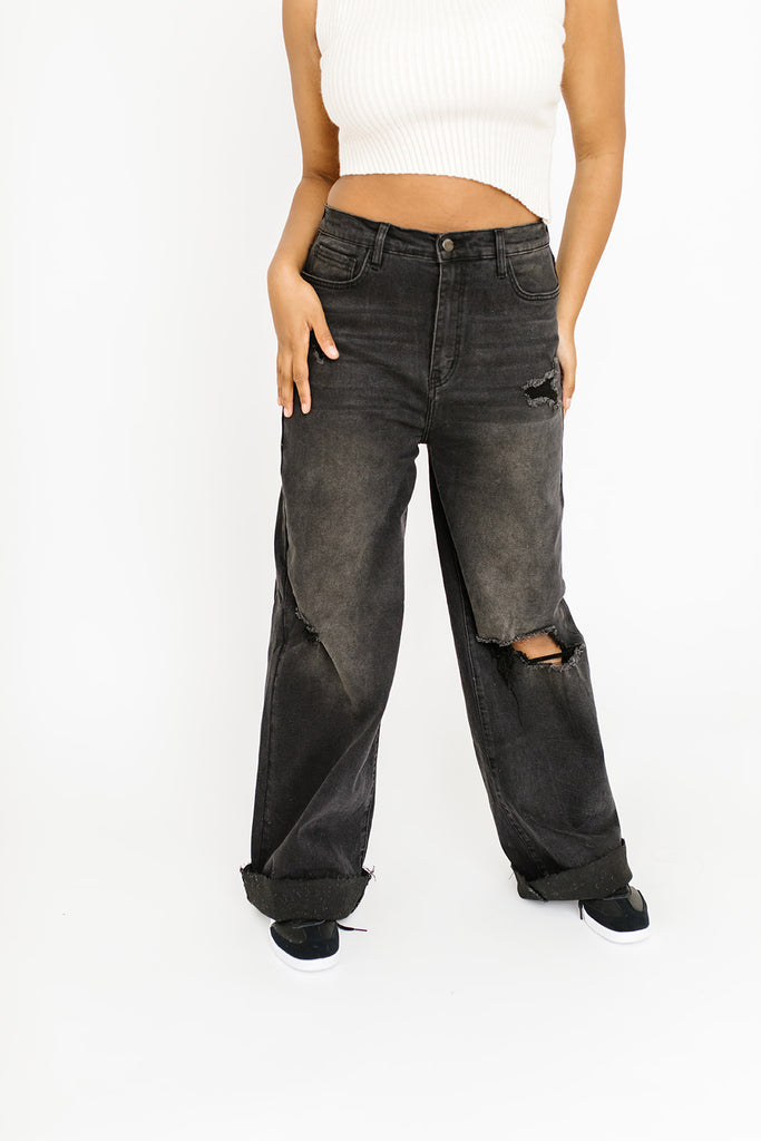 hey there distressed wide leg denim