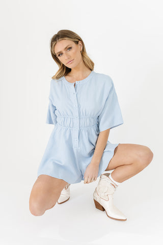 right reasons knit romper // light blue