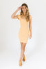 orange mini dress with a sweetheart neckline, ribbed texture, bodycon fit
