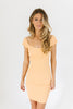 orange mini dress with a sweetheart neckline, ribbed texture, bodycon fit